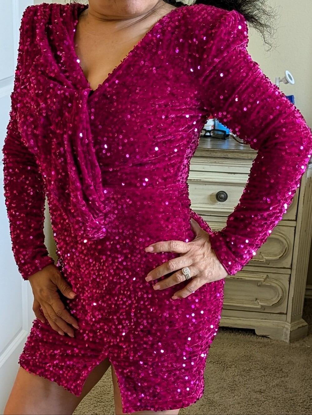 Ricaria Fuchsia Sequin V-Neck Long Sleeve Dress